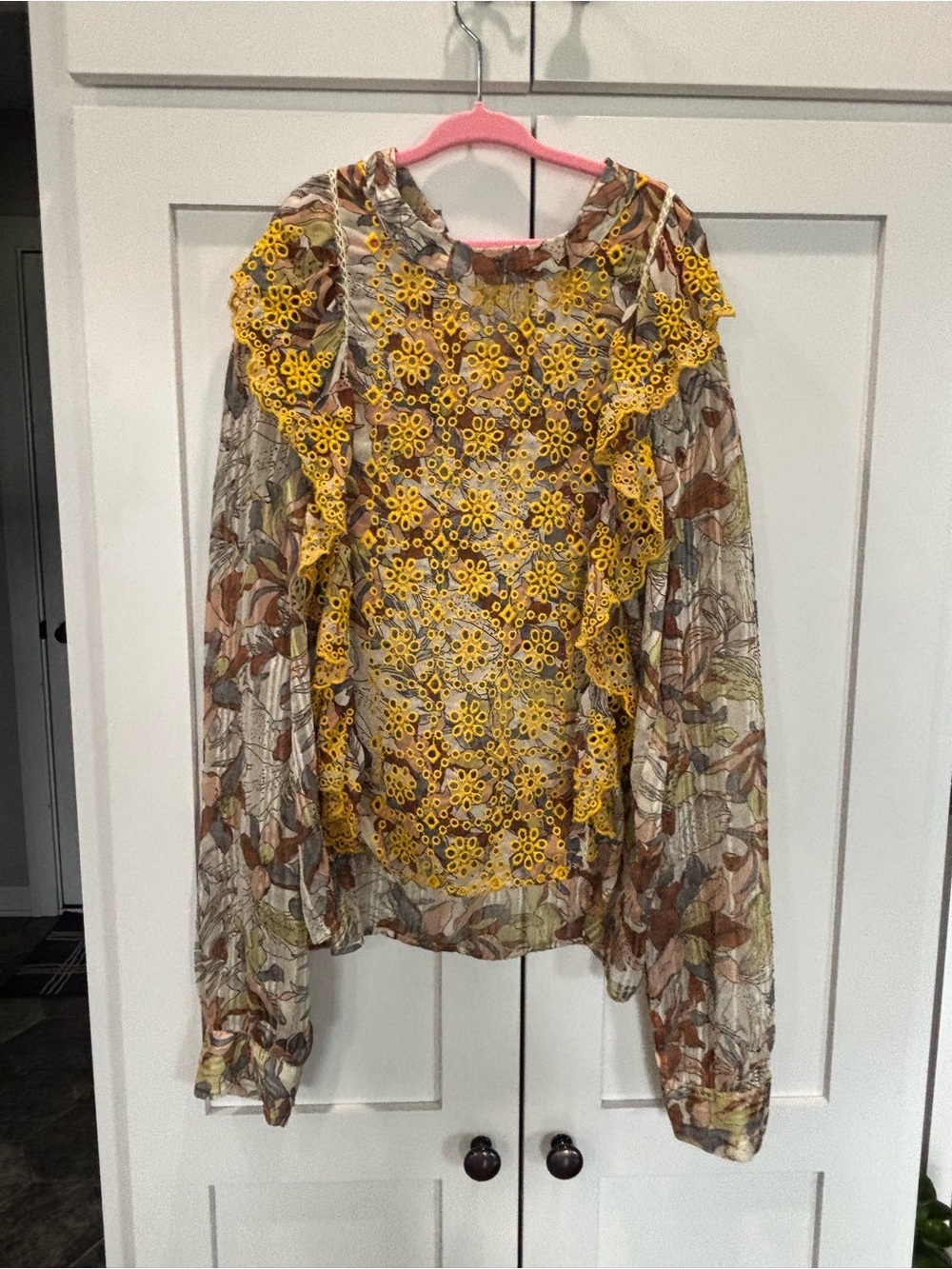 💚$5 Deals- Zara Yellow Floral Lace-Front Sheer Blouse